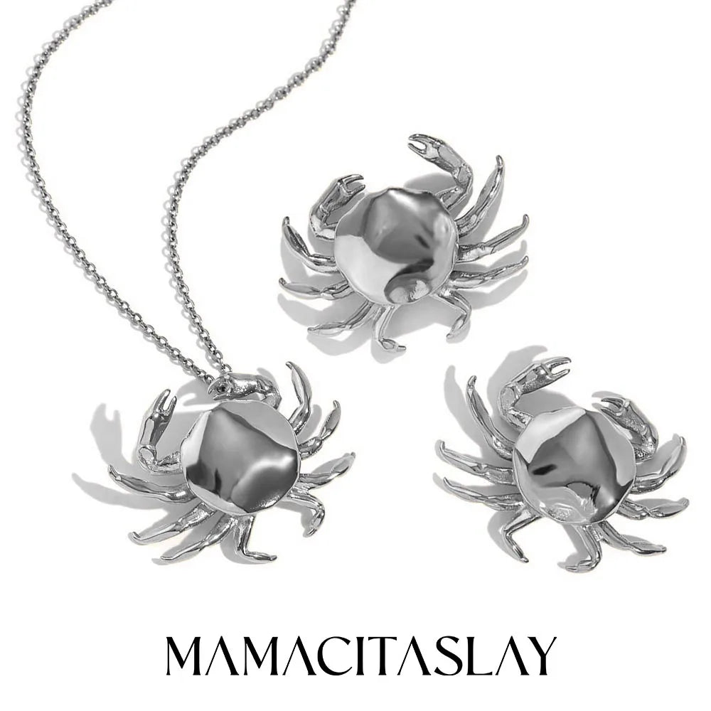 MamacitaSlay 2025 New Design Stainless Steel Crab Pendant Necklace Earrings 2PCS Holiday Party Waterproof Jewelry Set Women