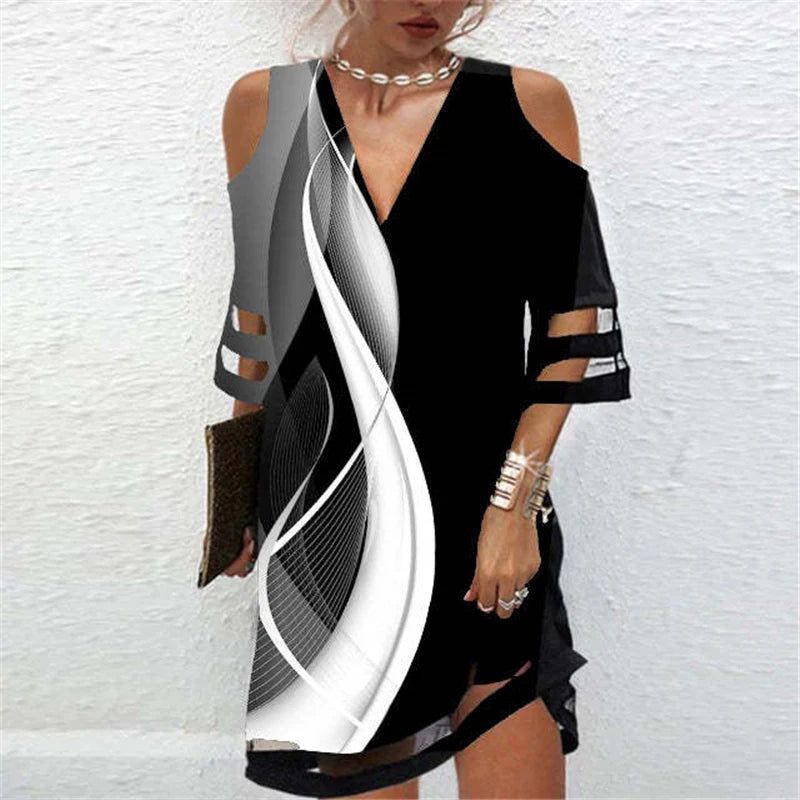 Women Sexy Off Shoulder Mesh Patchwork Elegant Party Dresses Summer Fashion Printed V Neck Half Sleeve Loose Midi Dress Vestidos
