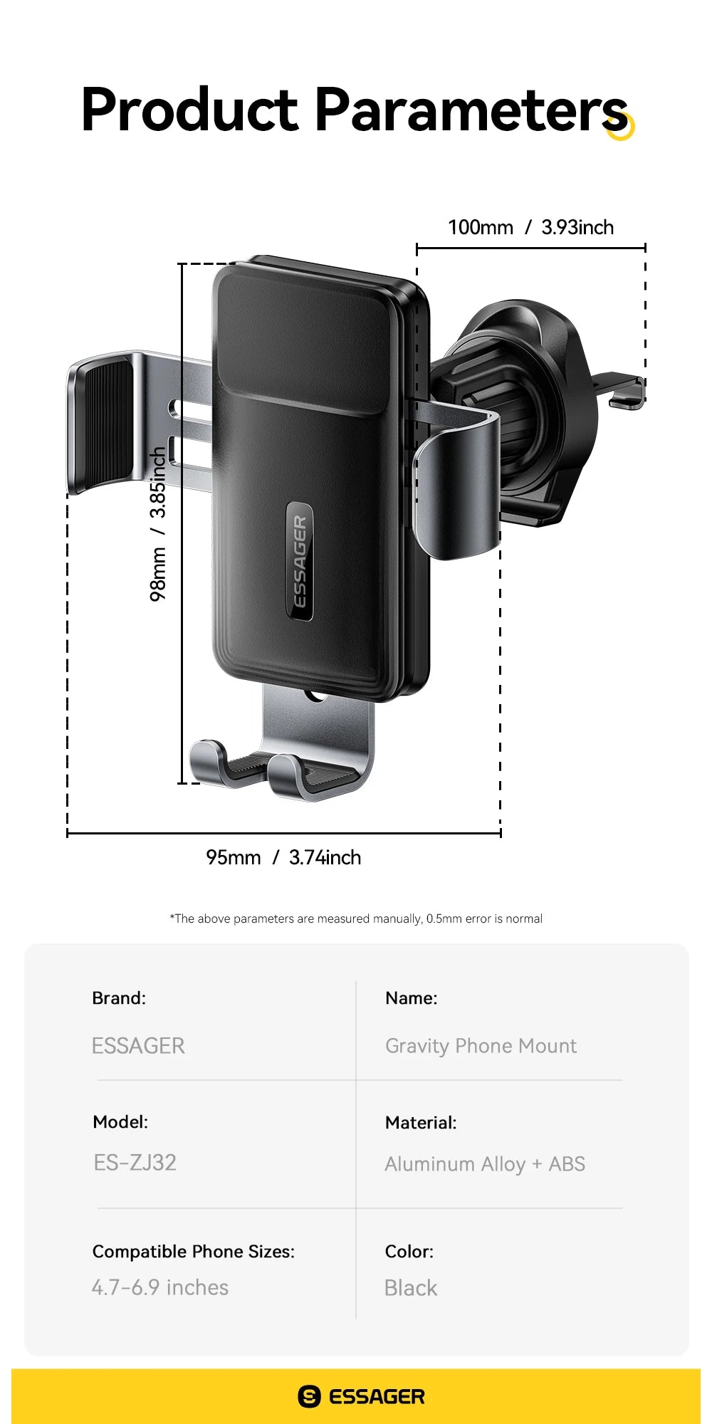 Essager Gravity Car Phone Holder Air Vent Clip Mount Mobilephone Stand For 4.7-6.5 Inch Phone For iPhone 16 15 14 13 Pro Xiaomi