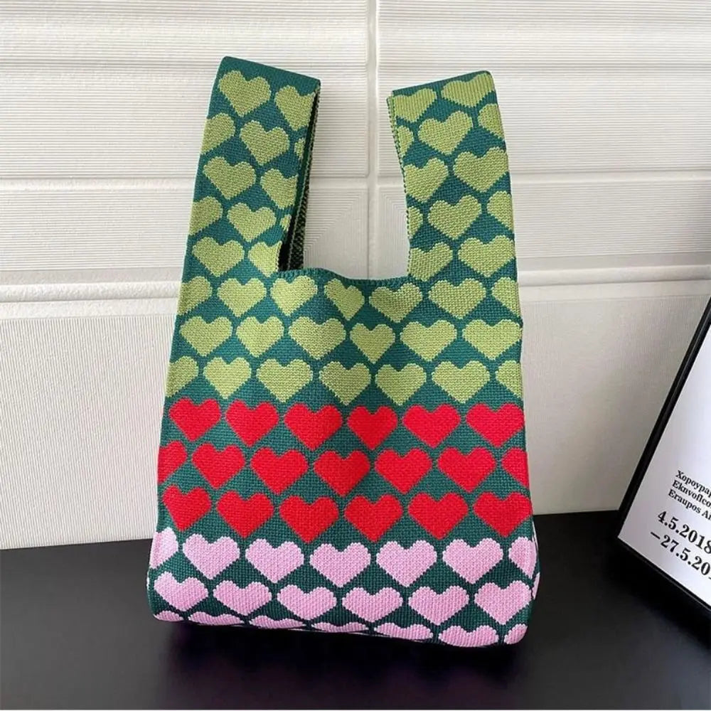 Large Capacity Knit Handbag Women Girls Knot Wrist Bag Reusable Mini Heart Tote Bag Handmade Portable Shopping Bags