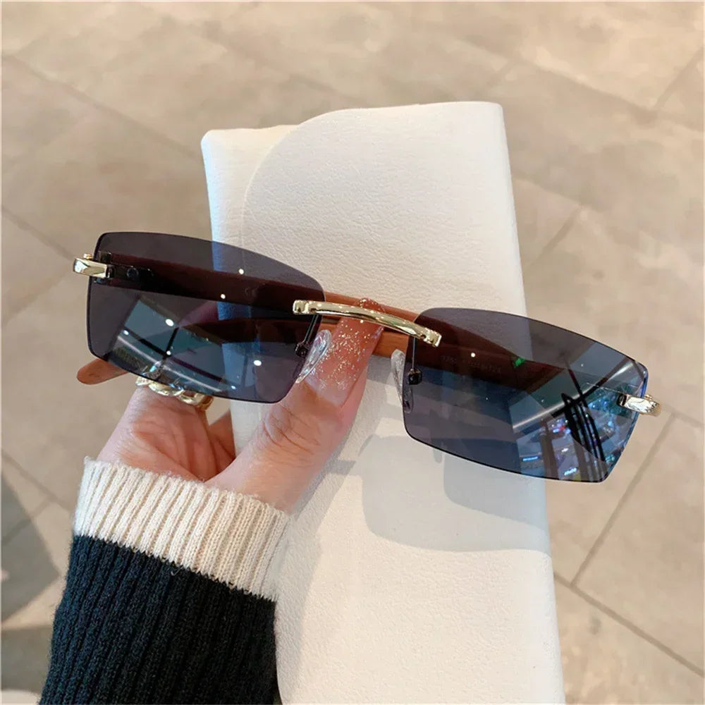 Rimless Sunglasses For Men Women Wooden Pattern Luxury Brand Retro Sun Glasses Fashion Shades Uv400 Travel Outdoor