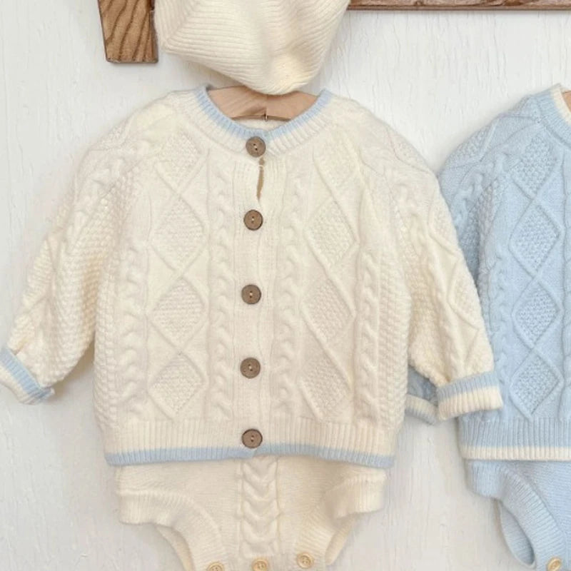 Unisex Baby Girl Clothes Set Spring Autumn Knitted Romper with Cardigan Infant Boy Jumpsuit Outfit Newborn Soft Suspender Suit