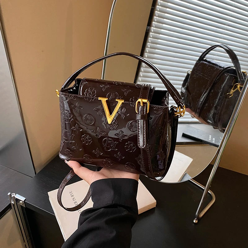 Elegant Trendy Smooth Shiny PU Solid Color Women Shoulder Bag Pattern Print Deco Handbag Crossbody Bag for Outings Party Travel