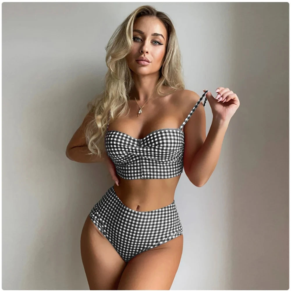 2025 New Two-piece Bikini Set Women Plaid Swimsuit Sling Backless Swimwear Tight Gathered Beachwear Brazilian Bathing Suit