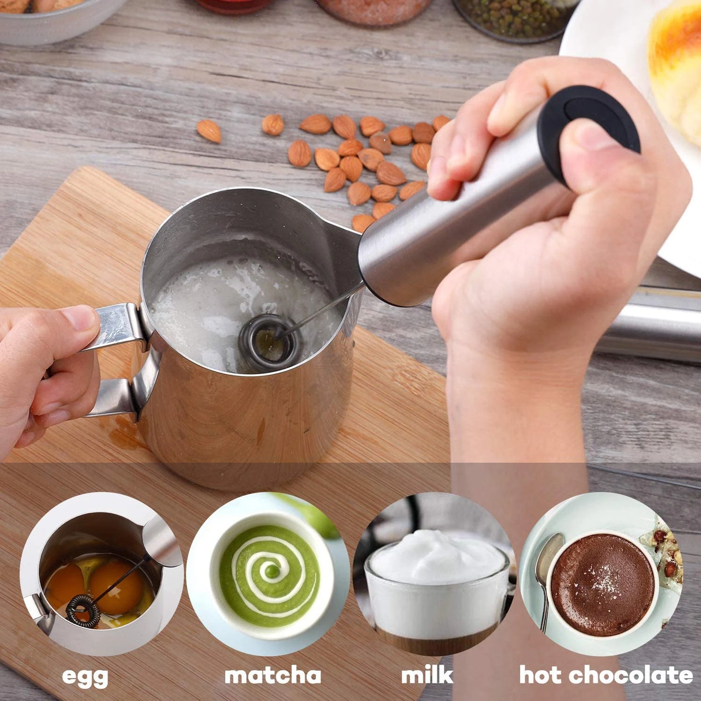 Rechargeable Stainless Steel Milk Frother 2 Speeds for Latte Cappuccino Espresso Home And Barista Use