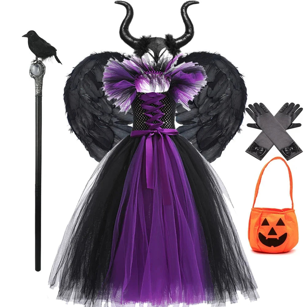 Halloween Costume For Kids Black Purple Witch Dress Luxury Lace Evil Role Playing Costume Maleficent Dress Up Outfit Tulle Dress