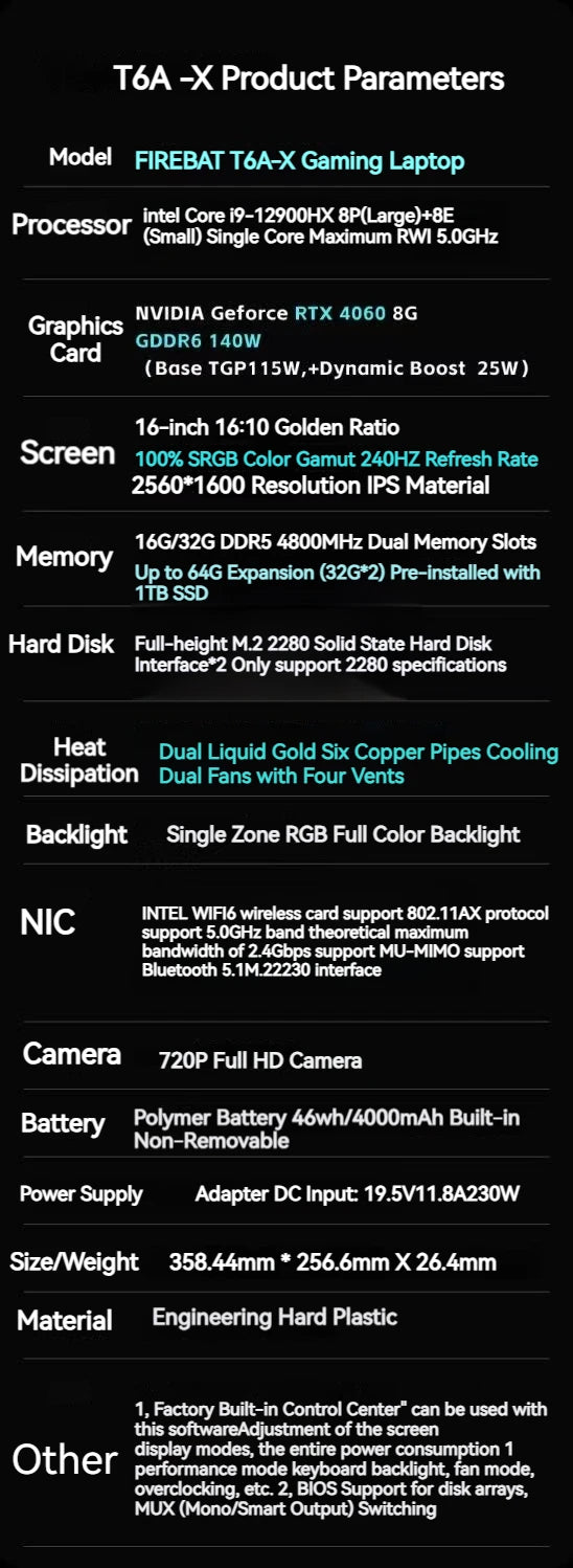 FIREBAT T6A-X 16 Inch Intel i9-12900HX/AMD R7-7435HS RTX 4060 DDR5 165Hz 2.5K Wifi6 BT5.1 32GB 1TB Gaming Gamer Notebook Laptop