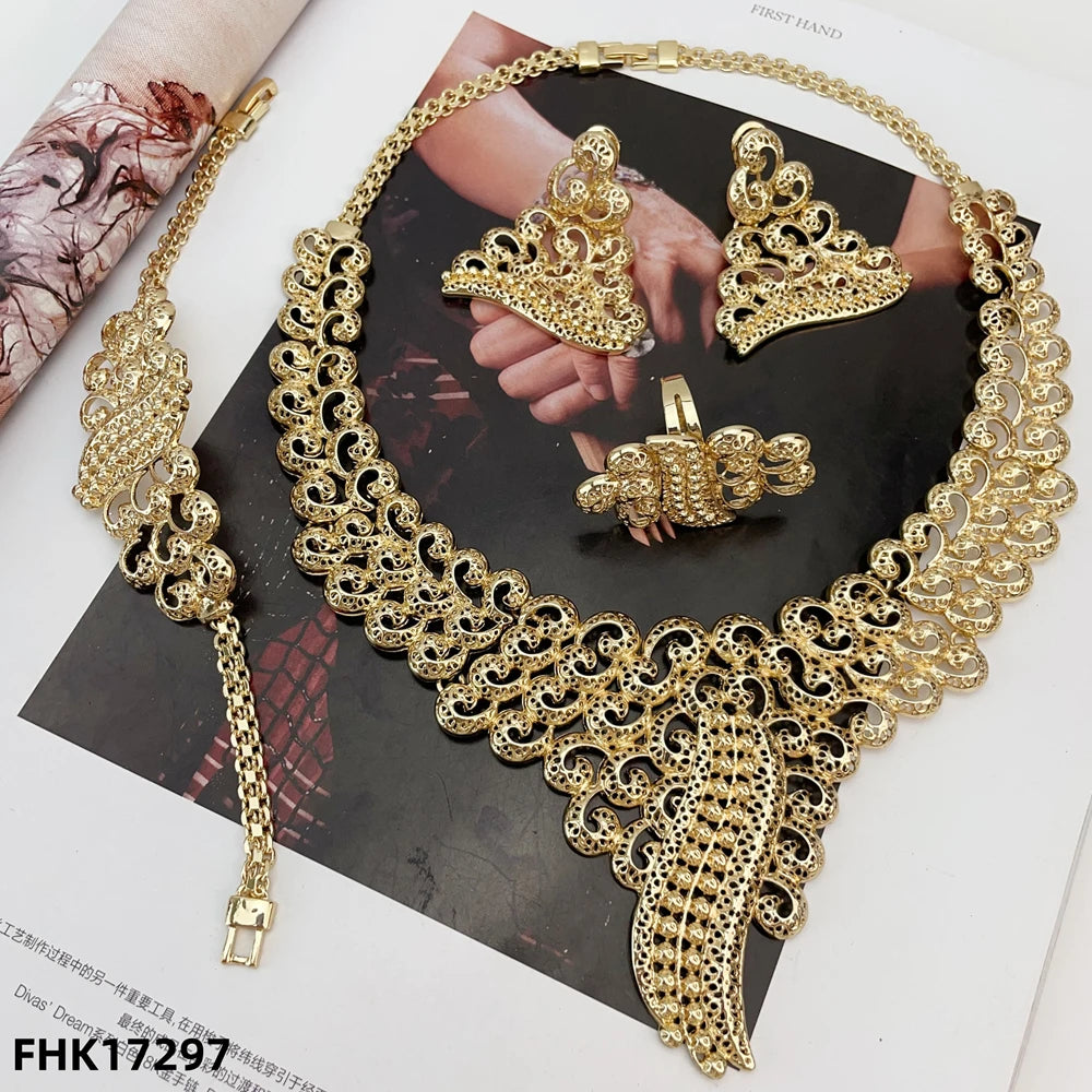 Nigeria Original 18K Gold Plated Jewelry Set Women Big Bold Necklace Earrings Bracelet Ring Wedding Party Accessor FHK17296