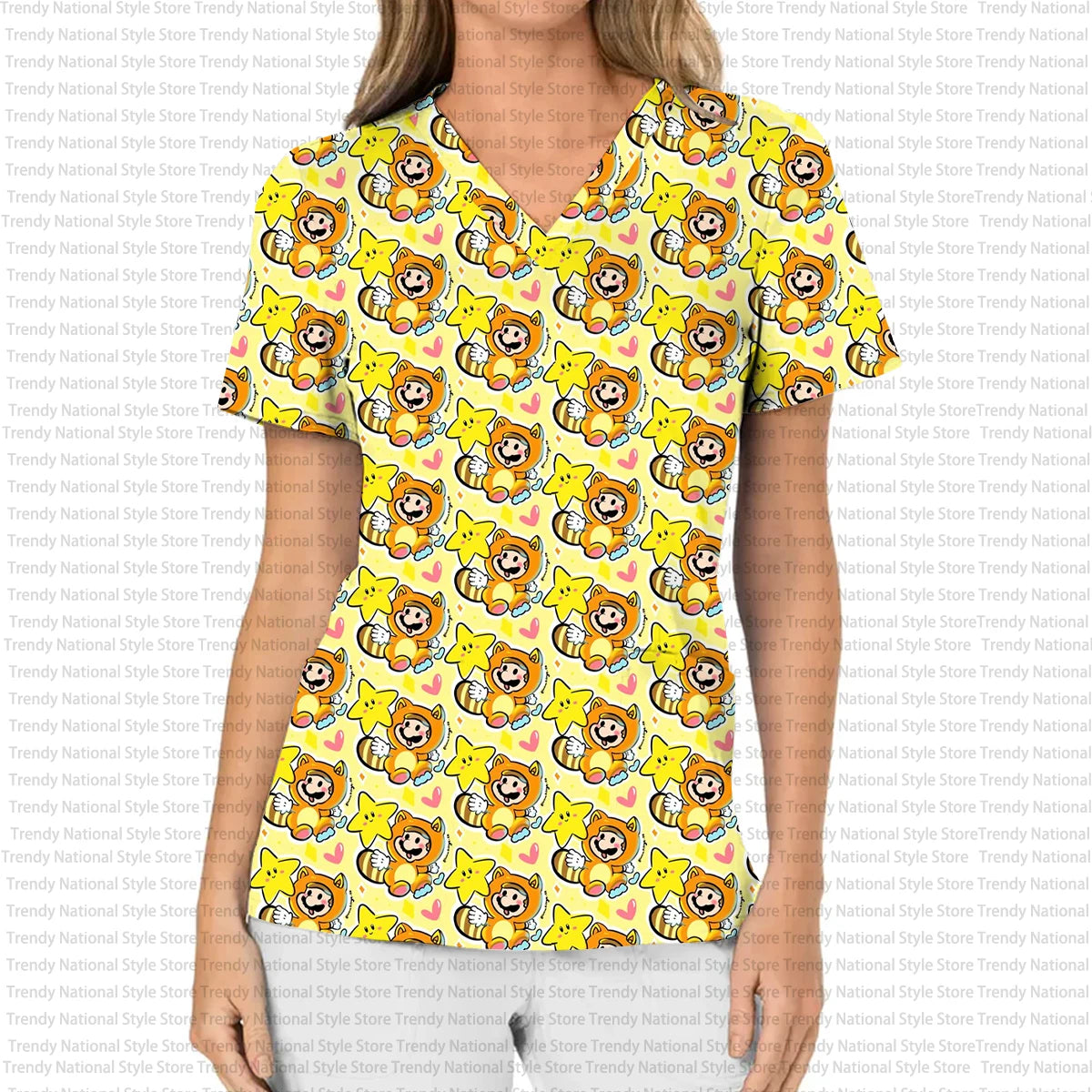 Women's Nursing Hair T-shirt, Nurse Uniform, Professional Medical Cartoon Print, Women's Nursing Wear, Work Veterinarian Top