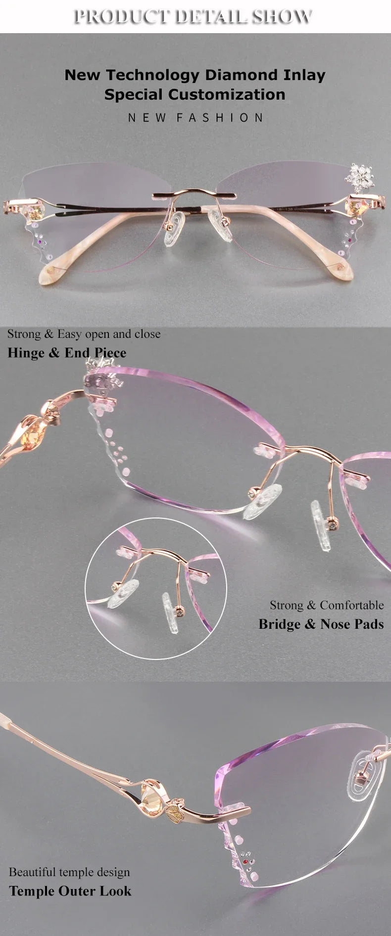 Butterfly Female Eye Glasses Titanium Gray Red Lens Diamond Trimmed Rimless Spectacle Frames Women Sunglasses Tint Lenses