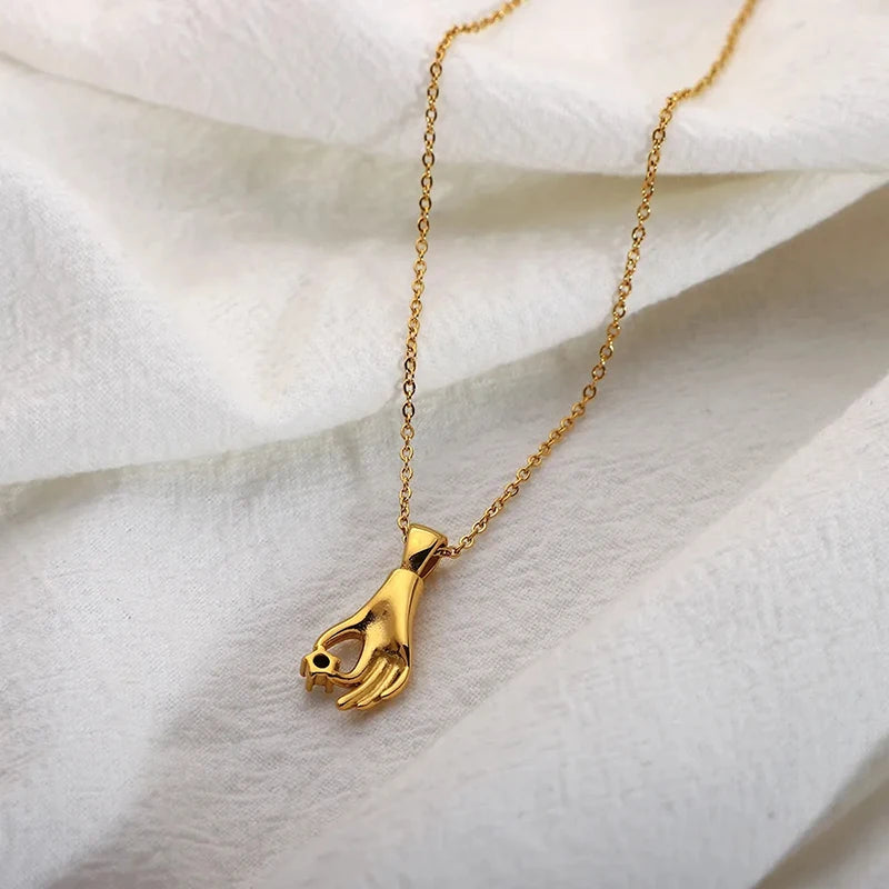 Dancy Fairy Stainless Steel Shiny Stone Abstract Palm Pendant Necklace for Women 18K Gold Color Hand Pick Star Charm Necklace