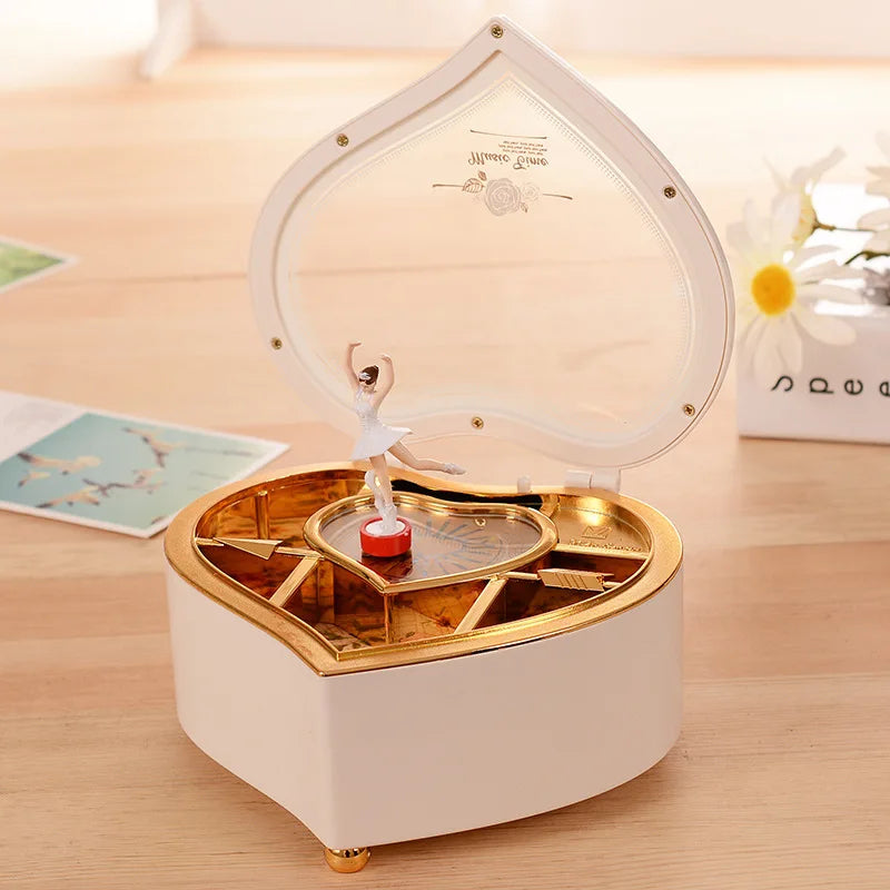 Heart Shape Dancing Ballerina Music Box PLastic Jewellery Box Carousel Hand Crank Music Box Mechanism Gift For Valentine's Day