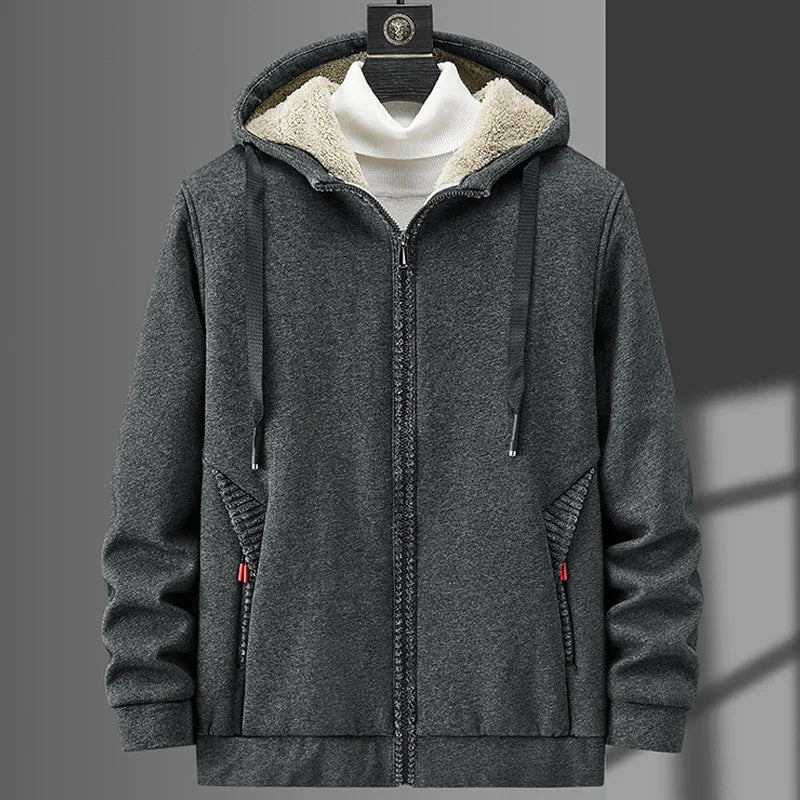 2025 Winter Warm Jacket Men Thick Fleece Hooded Zip Pockets Black Grey Thermal Coat Men Casual Jackets Plus Size 6Xl 7Xl 8Xl