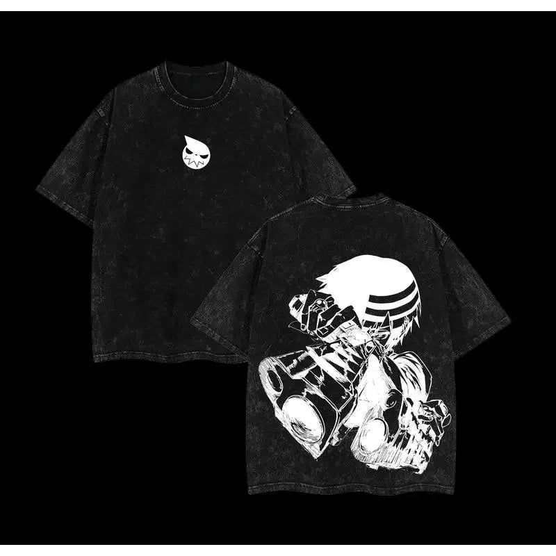 Anime Soul Eater Death The Kid Print T-shirt Men Women Tshirts Short Sleeve Cotton Clothing Retro Washed T Shirt Harajuku Tops
