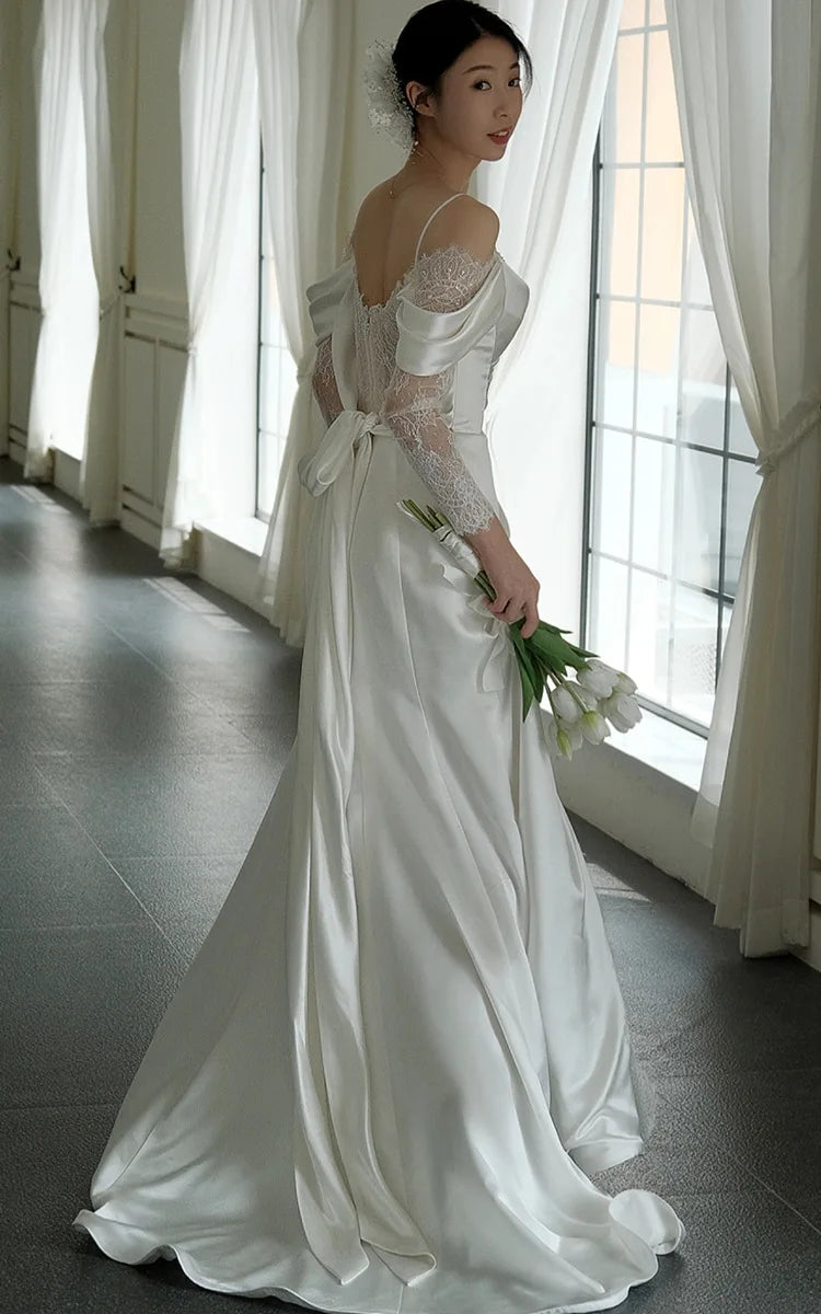 Wedding Dresses For Parties Satin One Shoulder French Style New Suspender Simple Trailing Lace Dress