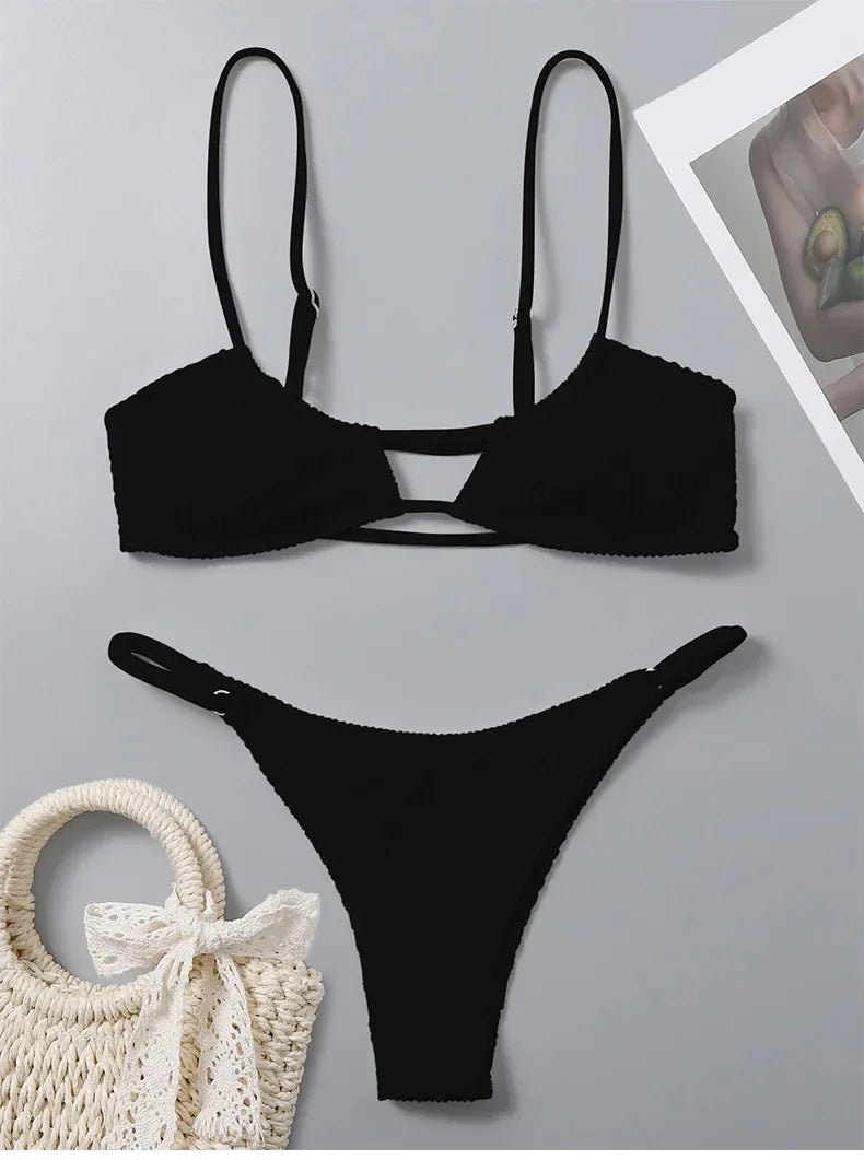 Sexy Ribbed Bandeau Mircro Mini Bikini Sets Two Pieces Women Thong Swimsuit Female Bathing Suit Swimwear Biquini