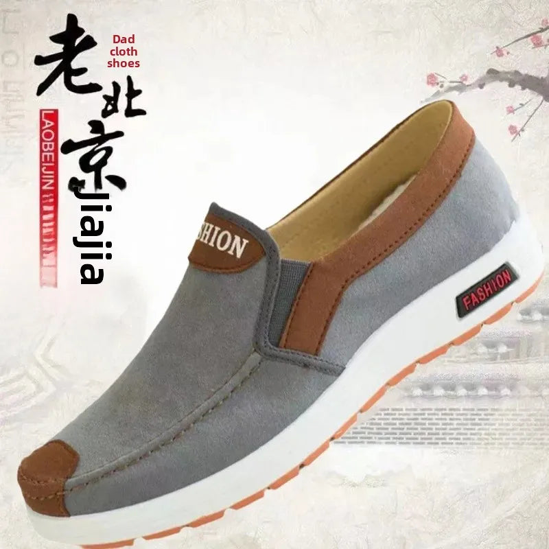 Beijing Men's Canvas Slip-On Shoes Soft Bottom Anti-Slip Breathable Casual Shoes round Toe Cotton Lined Plastic Outsole