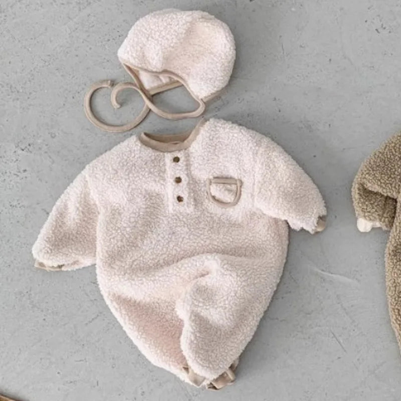 2026 Winter New Baby Warm Berber Fleece Romper + Hat Newborn Toddler Plus Velvet Thick Long Sleeve Jumpsuit Boy Girl Clothes