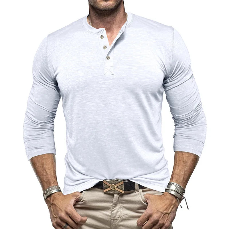 New Men's Bamboo Joint Cotton European and American Men's Long-sleeved Henry Neck T-shirt