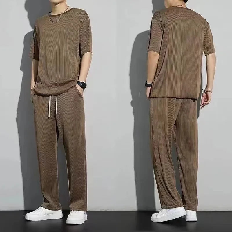Men's Wrinkled Ice Silk Sports Set 2024 Summer New Short sleeved Long Pants Two piece Set Fashionable, Breathable, and Cool 3