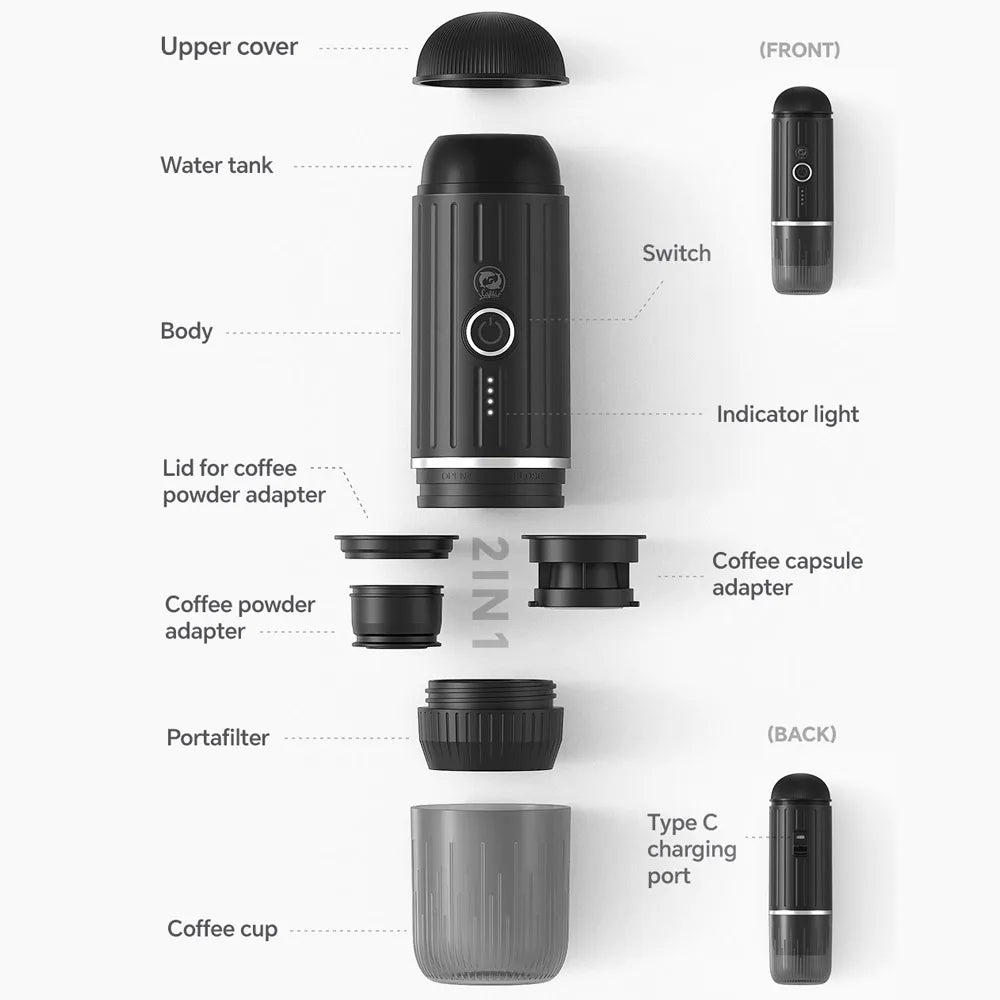 Portable Heating Espresso Machine Wireless Coffee Pot Rechargeable Espresso Extraction Coffee Maker for Travel Office