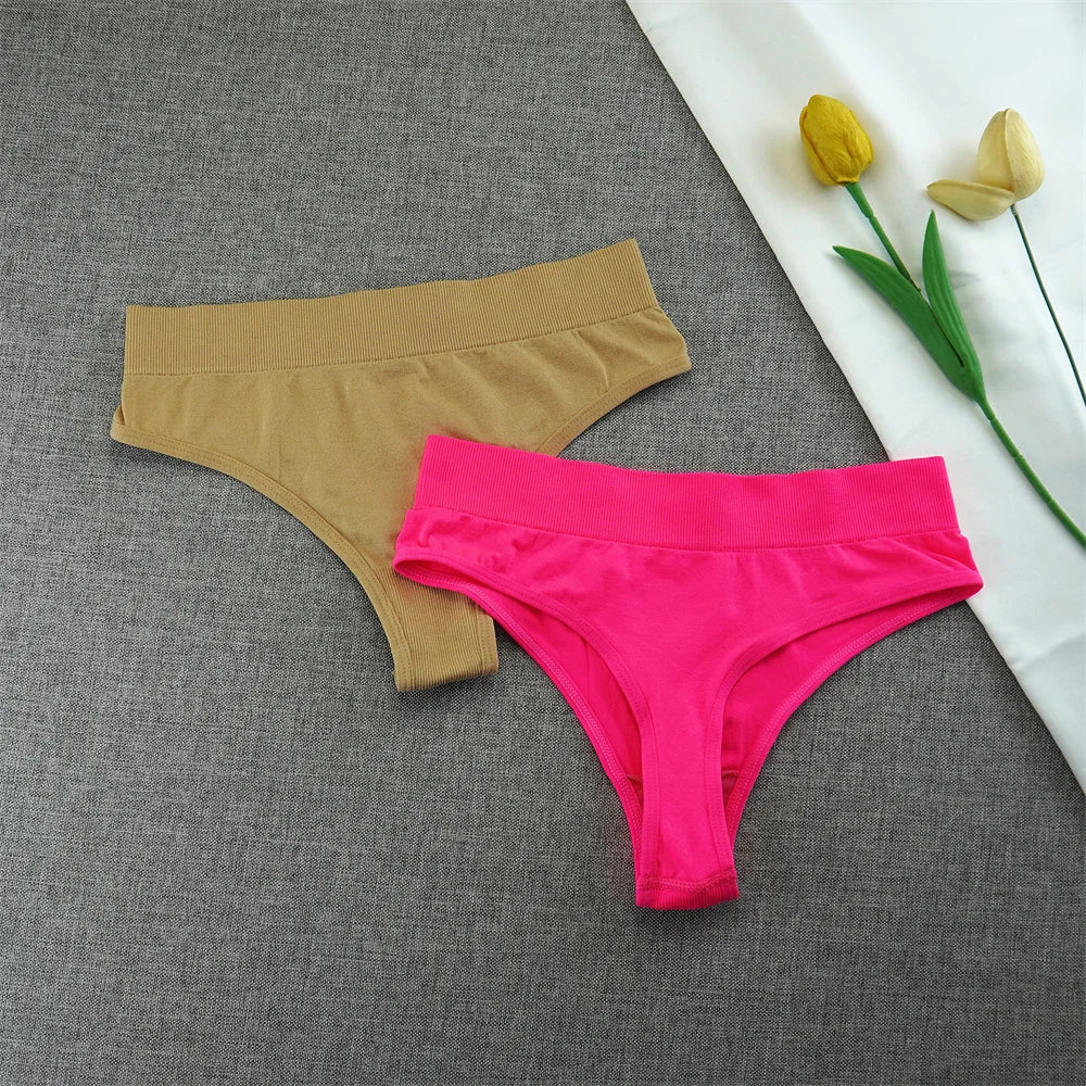 2pcs High Elastic Women T-back Seamless Plus Size Sports Underwear Solid Color Mid Waist Sexy Thong Europe Size S/M/L/XL/XXL
