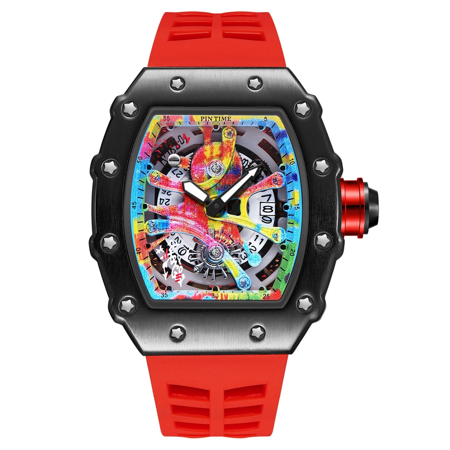 High-end Colored Hip Hop Dial PINTIME Watch for Men Silicone Strap Stainless Steel Case Fashion Waterproof Quartz Wristwatch