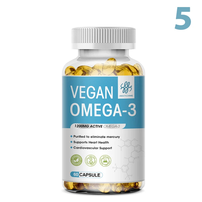 IMATCHME 60PCS Vegan OVEGA-3 Deep Sea Fish Oil Capsules Rich DHA & EPA, Supports Brain, Eye & Heart Health Cardiovascular Support