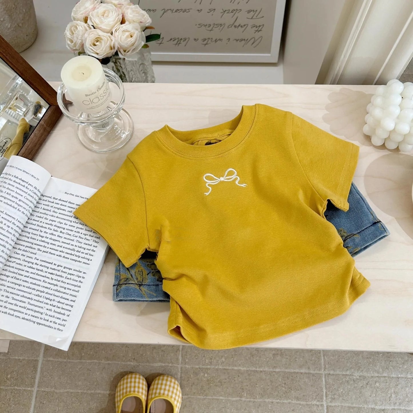 Girls' Summer Clothing New Style Kindergarten Baby Western Bow T-shirt Denim Short Skirt Two Piece Set Western Trendy