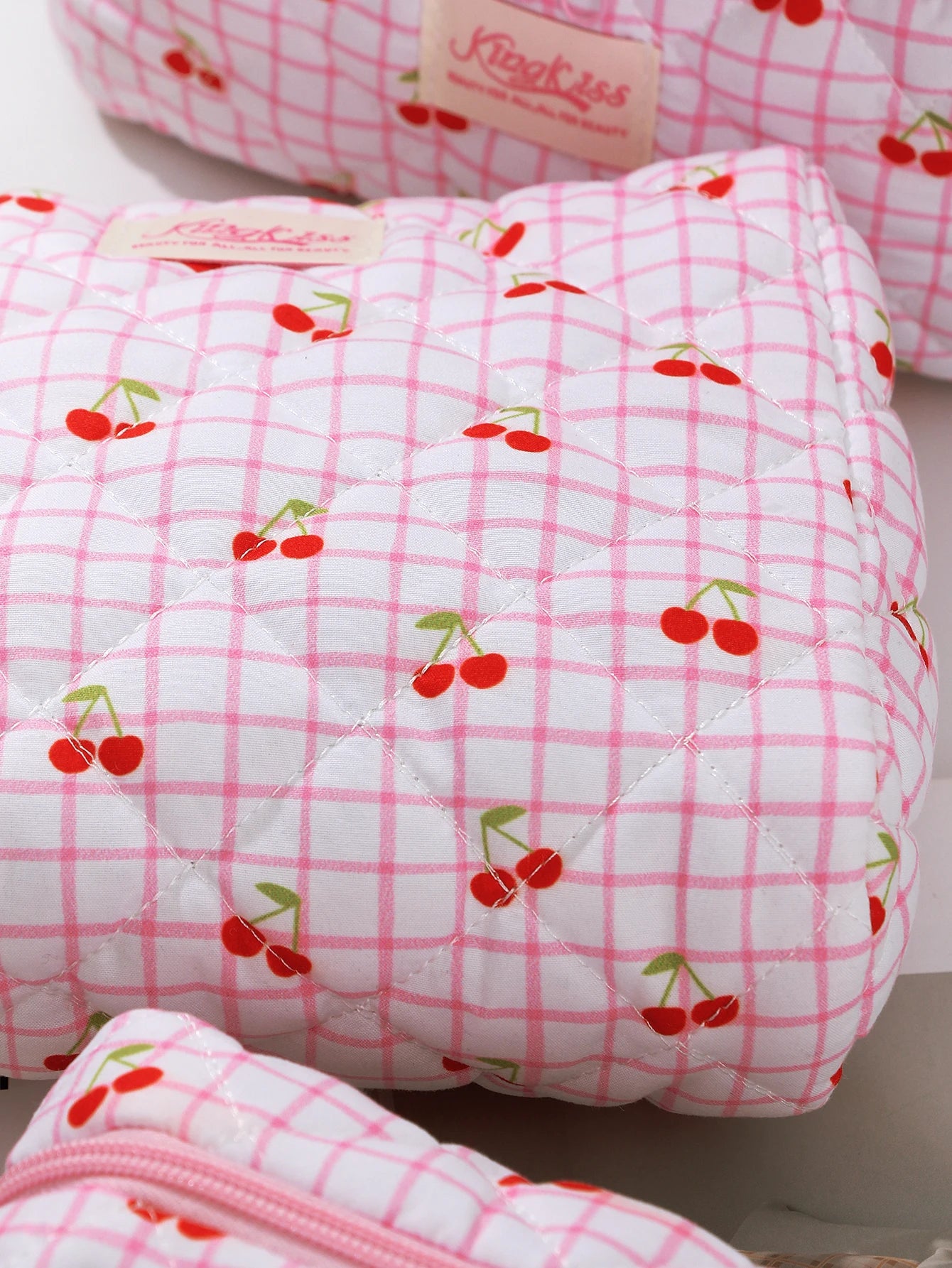 1pc/set Large Pink Cherry Quilted Makeup Bag, Cute Makeup Bag, Travel Makeup Bag, Makeup Storage Bag for Women Girls