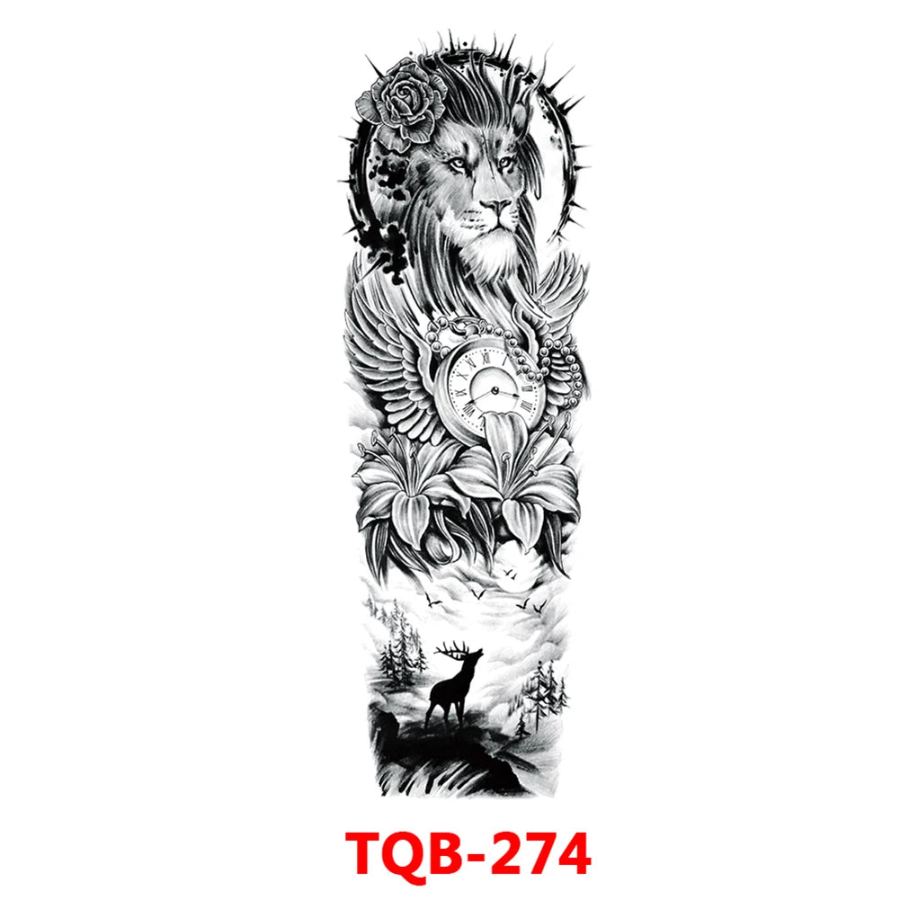 Large Arm Sleeve Tattoo Rose Gear Clock Eye Waterproof Temporary Tatto Sticker Lion Wolf King Body Art Full Fake Tatoo Women Men