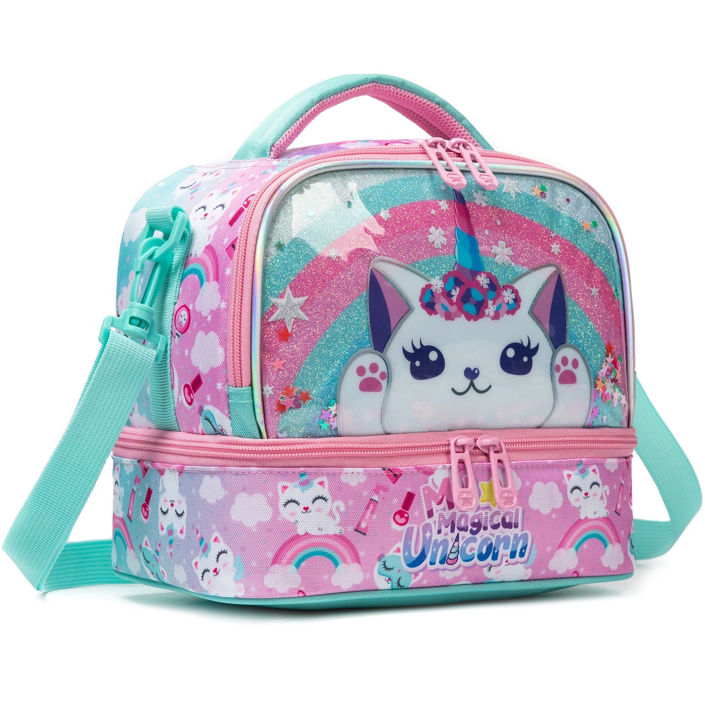 Kids Dual Compartment Lunch Bag for Girls, Double Decker Cooler Insulated Lunch Box Large Meal Tote for Kids