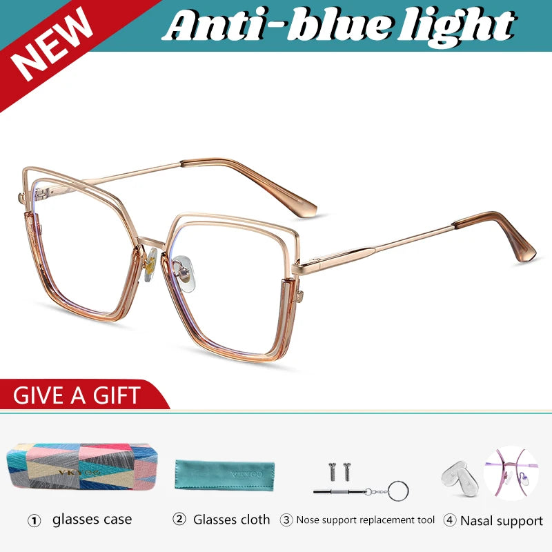 VICKY Fashion Geometric Square Large Frame Personalized Design Women's Anti-Blue Light Reading Glasses Customizable Prescription