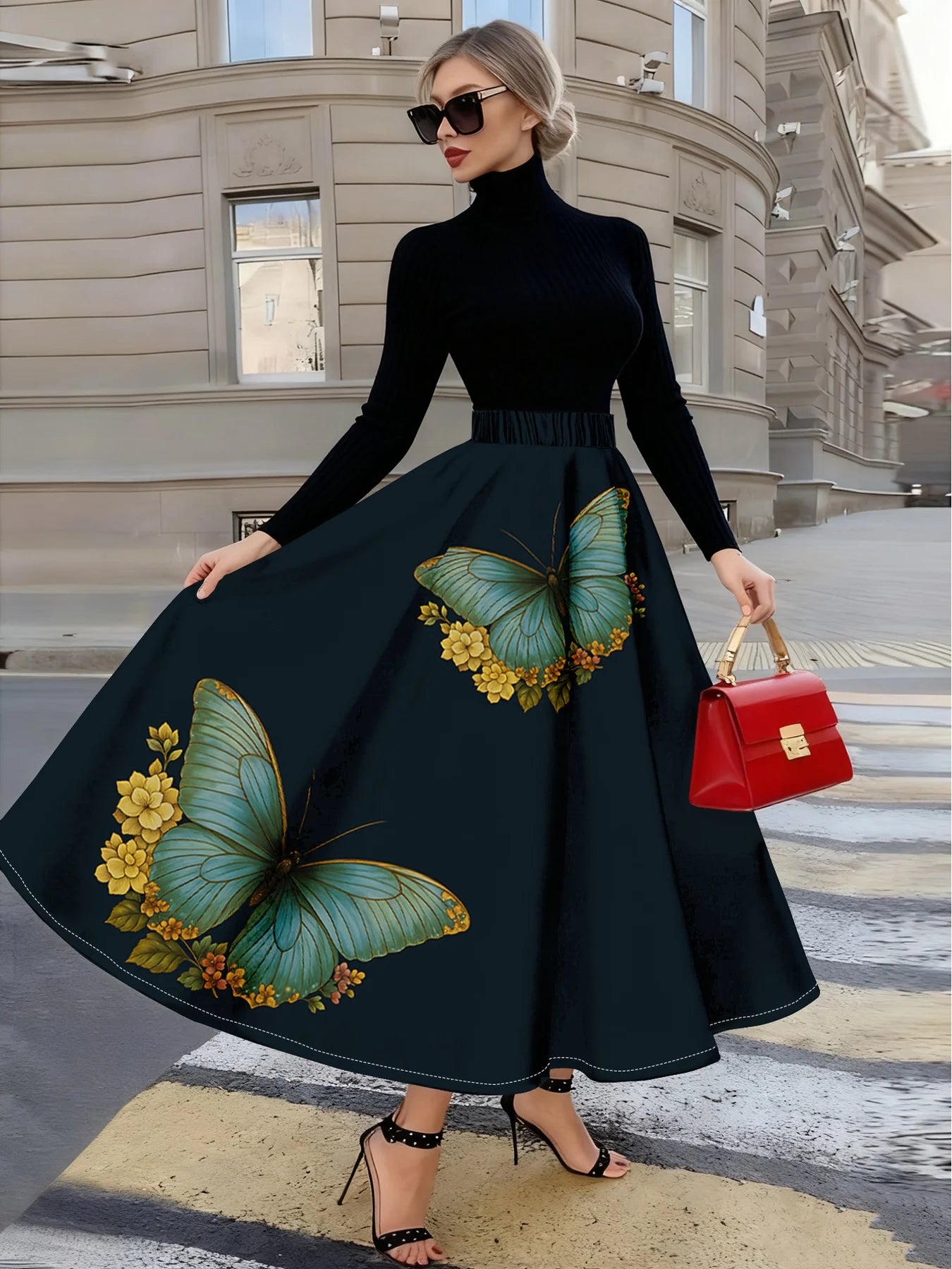 Women's A Line Midi Skirt with Pleats High Waist Elastic Waist Summer Casual Office Work Skirt for Women Spring Autumn