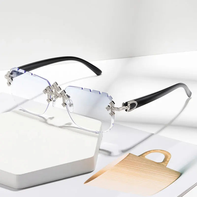 New Frameless Fashion Glasses for Men and Women, High-Definition Lenses with Textured Inlaid Rhinestones, Trendy Frame Design, Suitable for Daily Casual Wear, Perfect Gift Choice