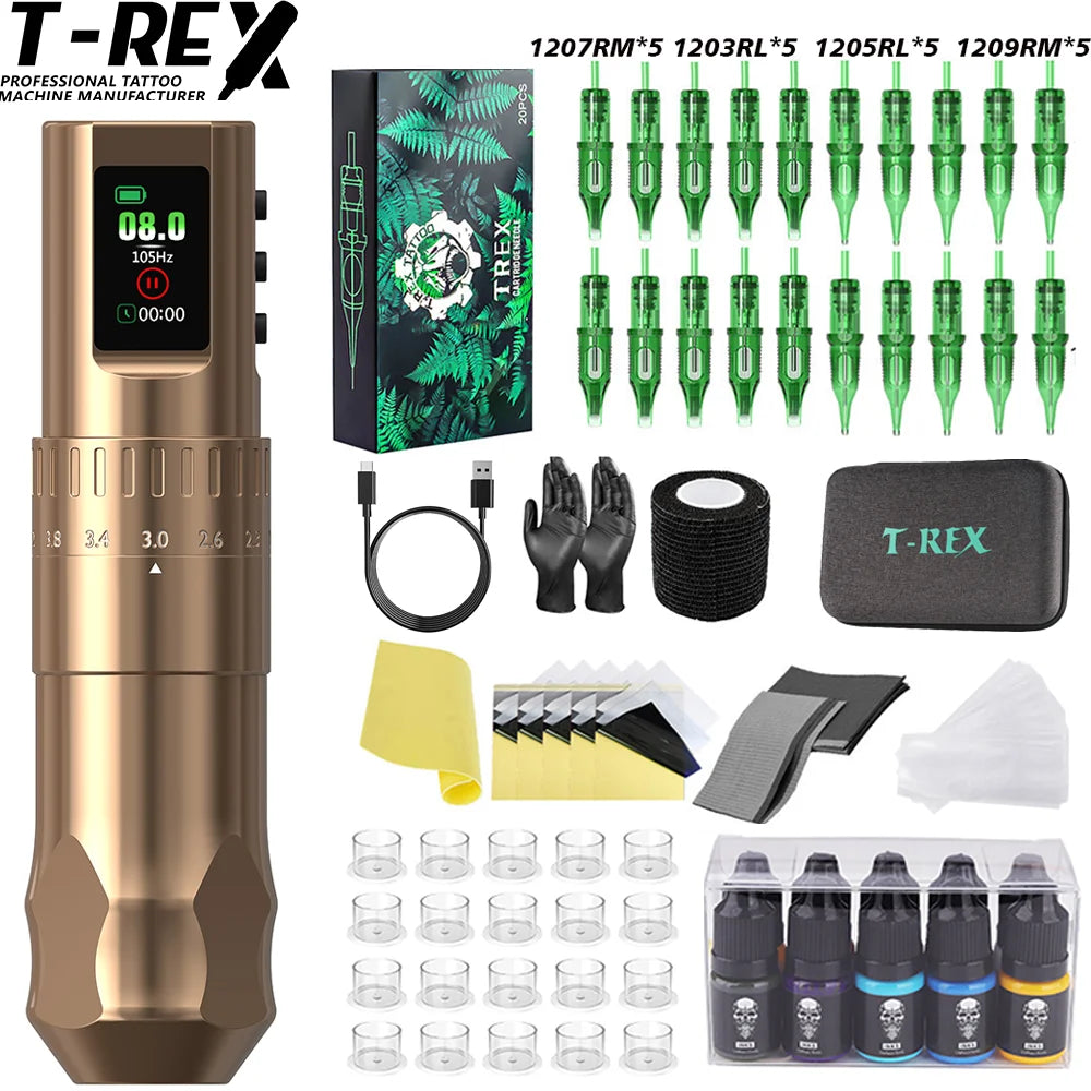 T-Rex D4 Wireless Tattoo Pen Complete Kit 2.0-4.2mm Adjustable Stroke Dot Work Mode 1600mAh Battery Full Tattoo Supplies Set