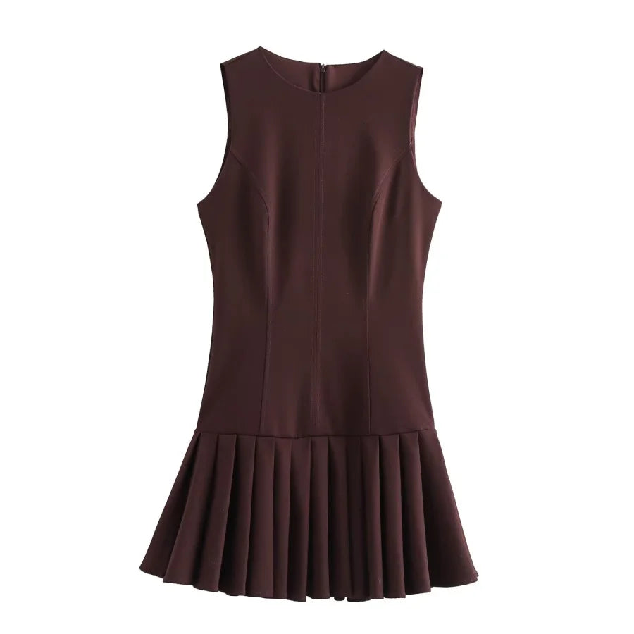 3D Cutout Mini Dress with ETJ 2025 New Product, Pleated Skirt Design Brown Round Neck Sleeveless Short Dress for Women