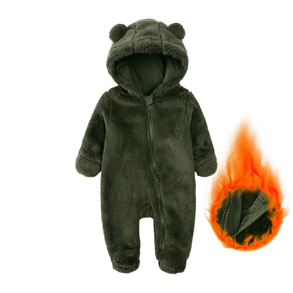 2025 Winter Thicken Fleece Newborn Baby Romper Soild Cotton Hoodies Infant Girl Onesie Toddler Boy Jumpsuits Warm Casual Outfits