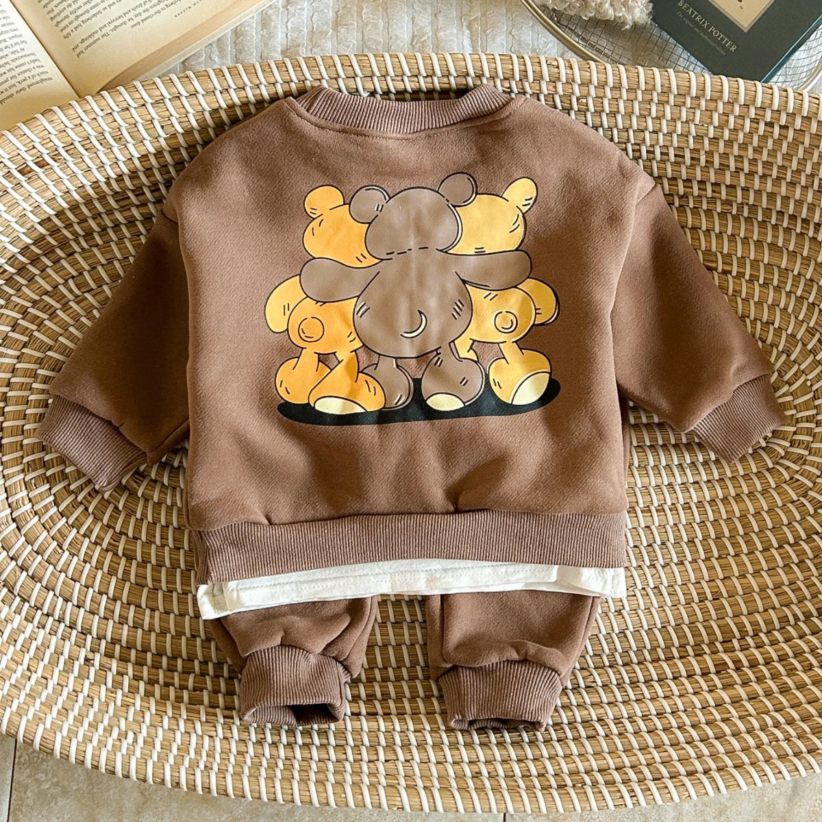 Winter Infan Baby Outfits Boy Girl Sets Velvet Cartoon Little Bear Print Cotton Long Sleeve Tops+Pants Baby Children Clothing