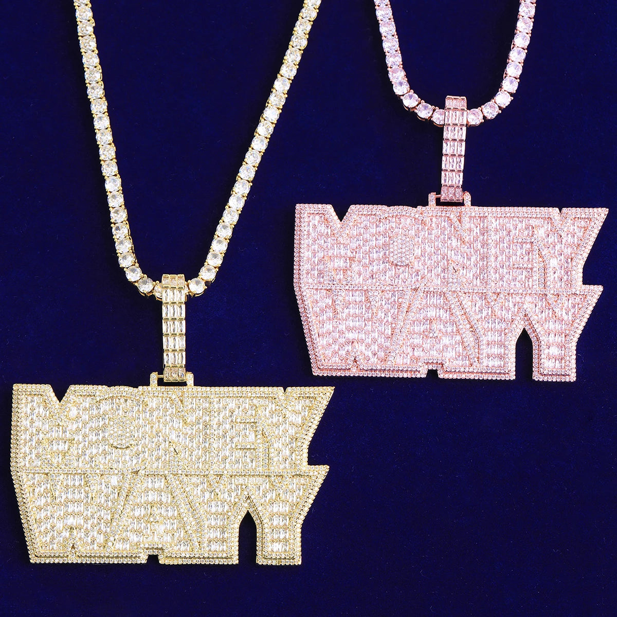 Bubble Letter Iced Out Money Wayy Necklace Pendant for Men Prong Setting Real Gold Plated Hip Hop Jewelry