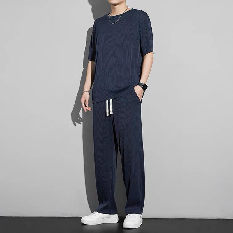 New Ice Silk Sports Set Men's Summer Thin Tracksuit Men 2024 Casual Long Pants Short Sleeve T-shirt Quick Drying Clothes Sets