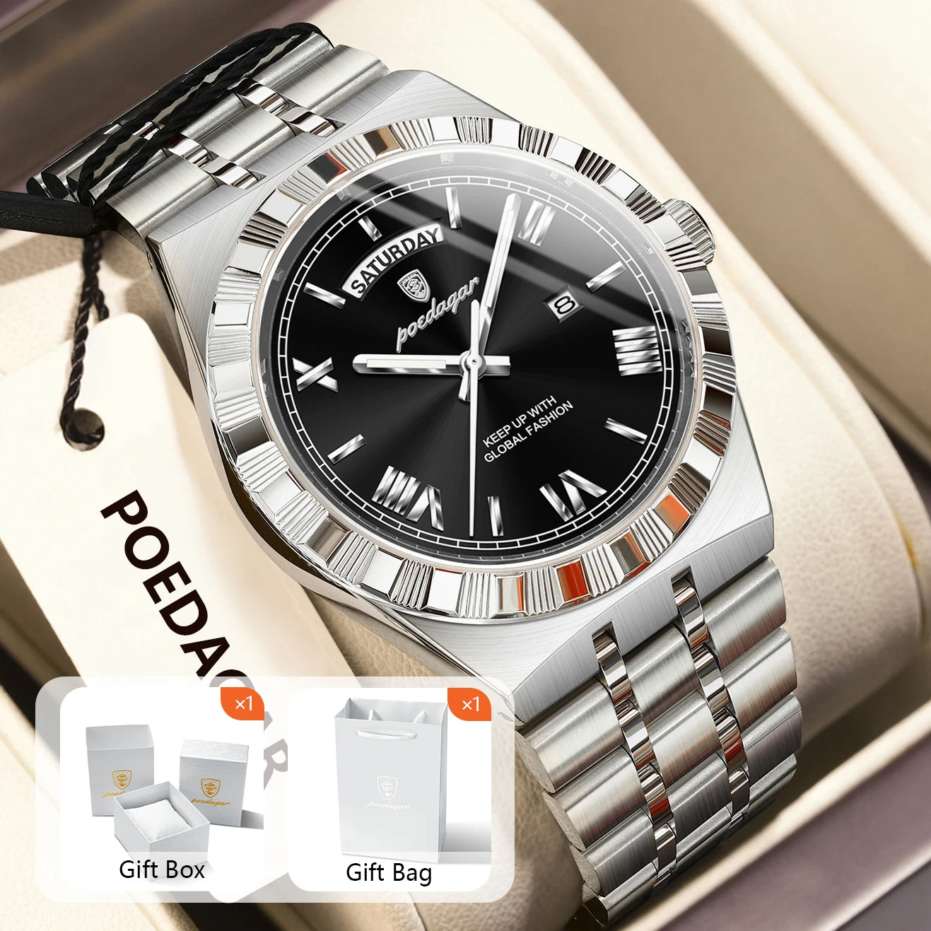 POEDAGAR Original Male Watch Luminous Waterproof Week Date Men Wristwatch Stainless Steel Business Quartz Men's Watches Gift+Box