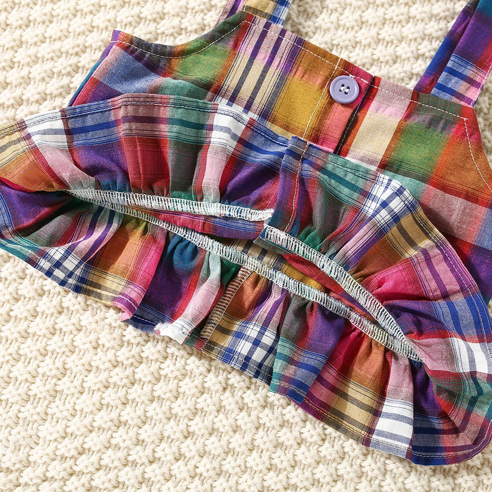 Summer New Baby Girls Two-Piece Set Plaid Pattern Sweet Two-Piece Set Pastoral Ruffled Lace Buttons + Shorts