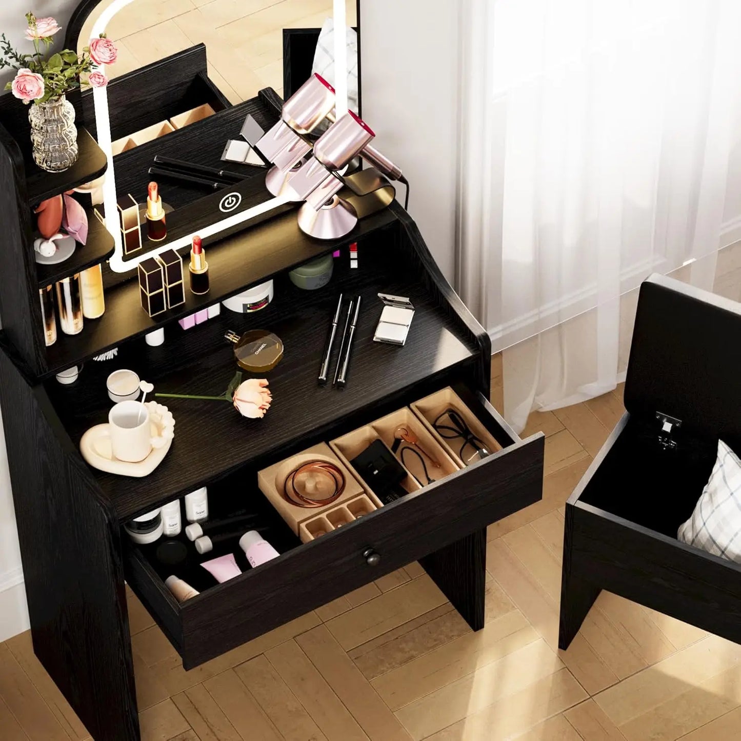 Small Makeup Vanity Desk with Mirror and Lights, Vanity Table Set with Storage Drawer, Chair and Three Shelves, Bedroom, Black