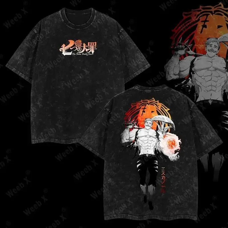 The Seven Deadly Sins Escanor Printed Tee Men Women Washed Cotton T-shirts Manga Vintage T Shirt Harajuku Short Sleeve Tshirt