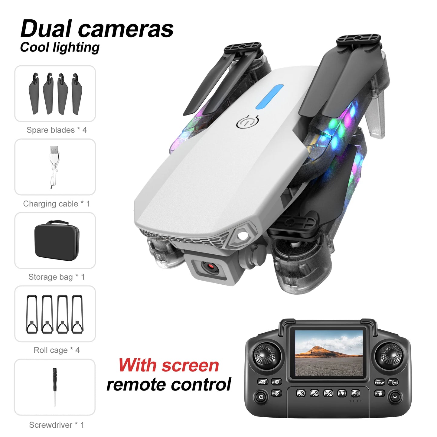 White Gray E88E99 Lighting Screen Control Mini Drone Dual Camera Optical Flow Fixed Height HD Aerial Photography Quadcopter