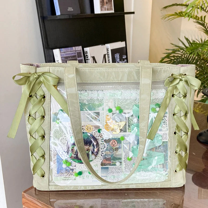 New Y2K Ribbon Bow Japanese Ita Shoulder Bag Cute Girl Transparent Pocket Large Capacity Crossbody Tote Bag DIY Display Handbags