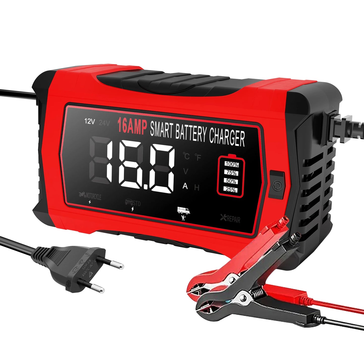 HTRC 16A 12V 24V Battery Charger for Smart Car Battery Charger Repair Auto Moto Lead Acid AGM GEL PB Lithium LiFePo4 Battery