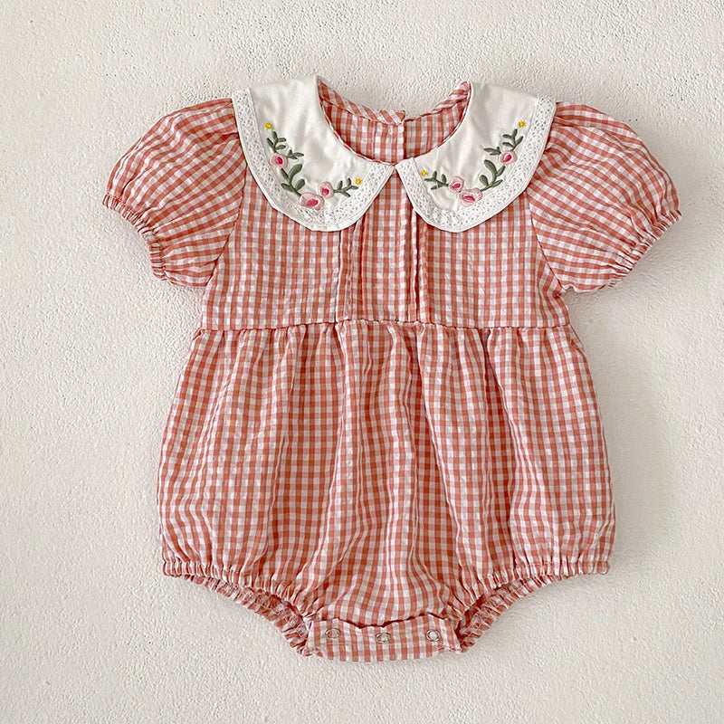 0-3Yrs Toddler Baby Girls Rompers Embroidery Bodysuit Girls Jumpsuits Princess Girls Pink Grid Rompers Toddler Summer Clothing
