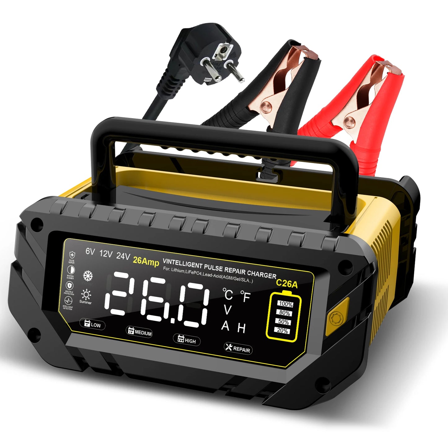 2025 26A Car Battery Charger 6V/12V/24V LiFePO4 Car Charger for Lithium AGM GEL Lead-Acid Battery Charger for Car Motorcycle